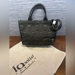 IO PELLE ITALIA SKULL EMBOSSED LEATHER SHOULDER BAG TOTE NWT black $695